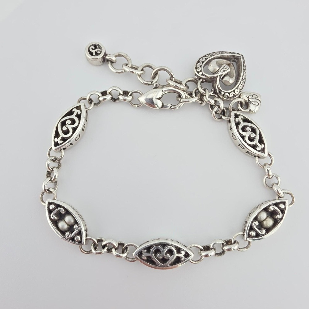 BRIGHTON 'Ellington Heart' Charm Bracelet Etched Hope Love Silver Plate 8"